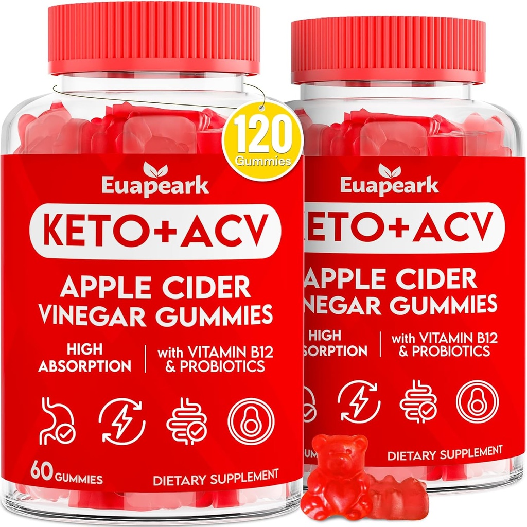 Manzana Vinagre Gummies, Keto ACV Gummies con Probióticos, Vitamina B12 & Keto Support, 2000 mg ACV con Madre para la Digestión, Metabolismo, Cleanse & Detox Diet, Vegan, Bajo Azúcar, 120 Condes
