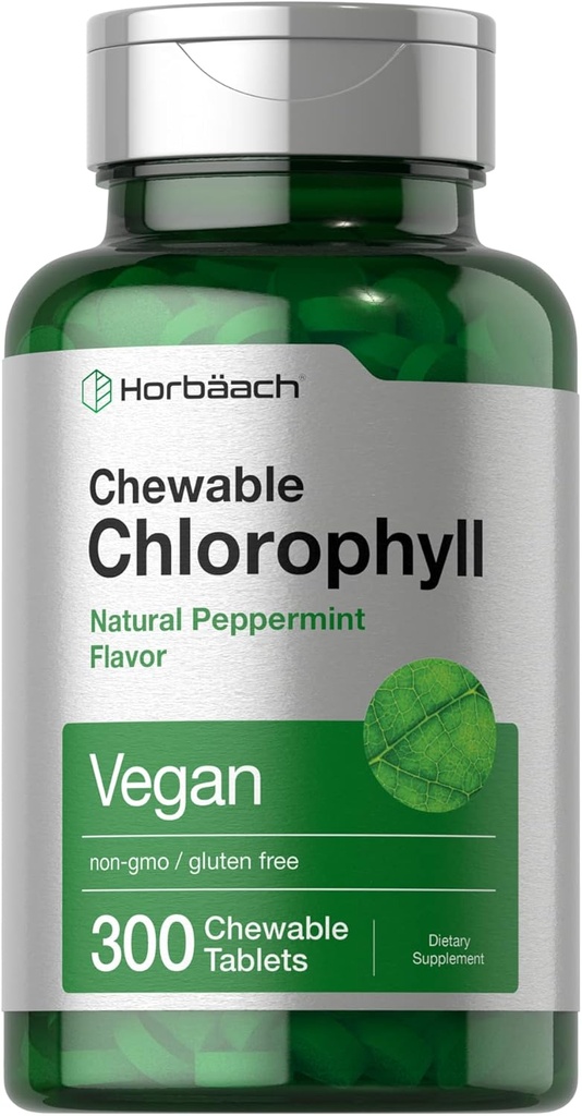 Horbäach Chlorophyll Pills | 300 Chewable Tablets | Natural Peppermint Flavor | Vegan, Non-GMO & Gluten Free Supplement