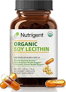 USDA Organic Soy Lecithin Supplement 800 mg, High Absorption Liquid Organic Capsules, Choline Lecithin Supplement for Brain & Liver Health Support, Non-GMO, Gluten Free, 60 Count