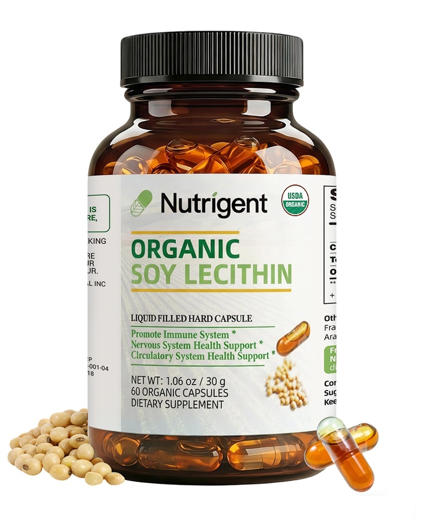 USDA Organic Soy Lecithin Supplement 800 mg, High Absorption Liquid Organic Capsules, Choline Lecithin Supplement for Brain &amp; Liver Health Support, Non-GMO, Gluten Free, 60 Count