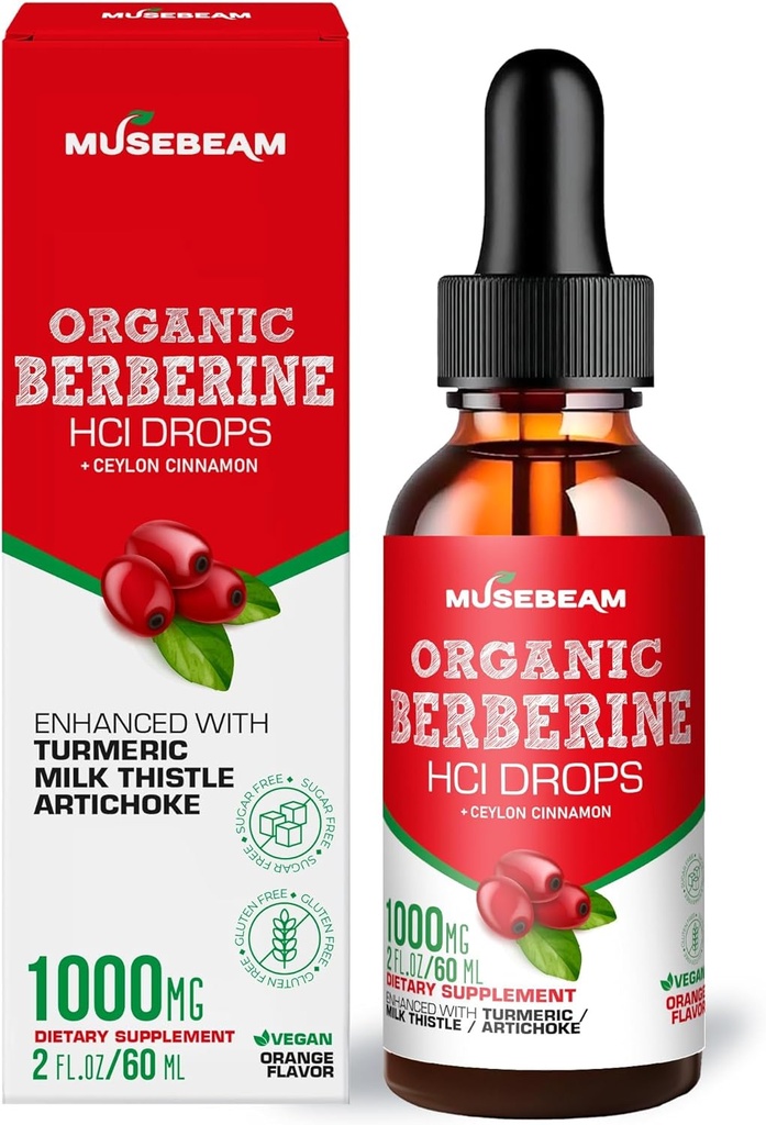 Orgánica Berberina HCl 1000mg gotas líquidas - con Ceylán Cinnamon Turmeric Milk Thistle Artichoke - High Bioavailability Suplemento para Hombre Mujeres - Vegan Sugar Gluten Gratis 2fl. oz (60ml)
