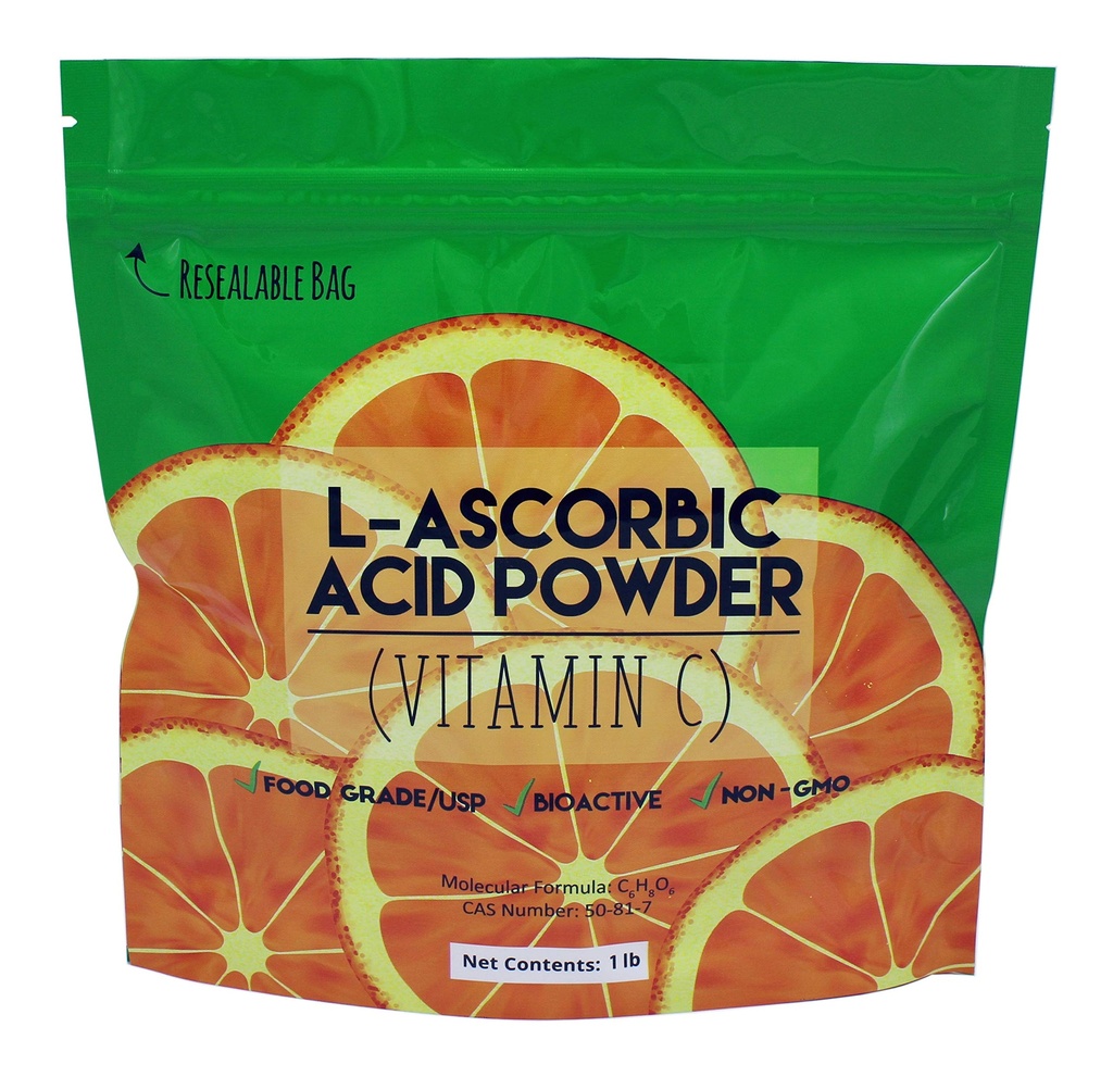Duda Energy L-Ascorbic Acid Powder 99+% Food Grade USP36/BP2012 Naturalmente Fermentado Cristales Blancos Puros Forma de Vitamina C, 1 lb.