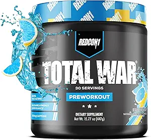 REDCON1 Total War Pre Workout - Beta Alanine + Citrulline Malate Keto Friendly Preworkout for Men &amp; Women with 320mg of Caffeine - Fast Acting -Blue Lemonade (30 Servings)