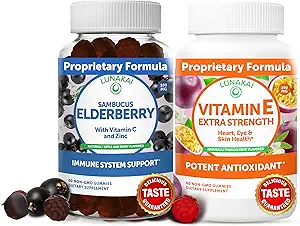 Lunakai Elderberry and Vitamin E Gummies Bundle - Immune Support Supplement with Zinc and Vitamin C Plus 1000iu Natural VIT E Gummy for Eye and Skin Health