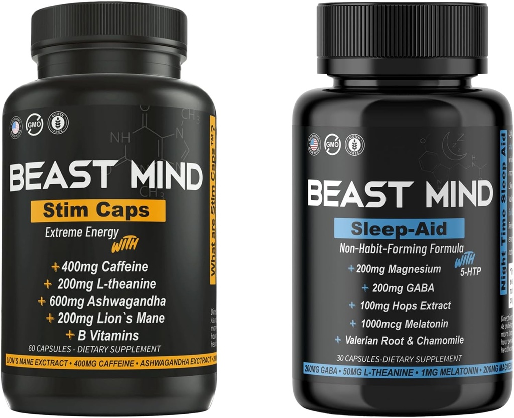 Day & Night Energy Con Sleep Aid Bundle ← 400mg Caffeine TEN 600mg Ashwagandha TENIDO 200mg Lions Mane ANTE Aumento de la energía " Focus " Mood Sleep Aid with GABA, Valerian Root, Chamomile, Melatonin, Magnesium