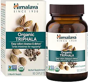 Himalaya Orgánica Triphala, 90 Day Supply - Suplemento Digestivo de Salud para la limpieza de colones " Occasional Bloating and Constipation Relief - USDA Organic, Vegan, Non-GMO, Gluten Free, 688 mg, 90 Caplets