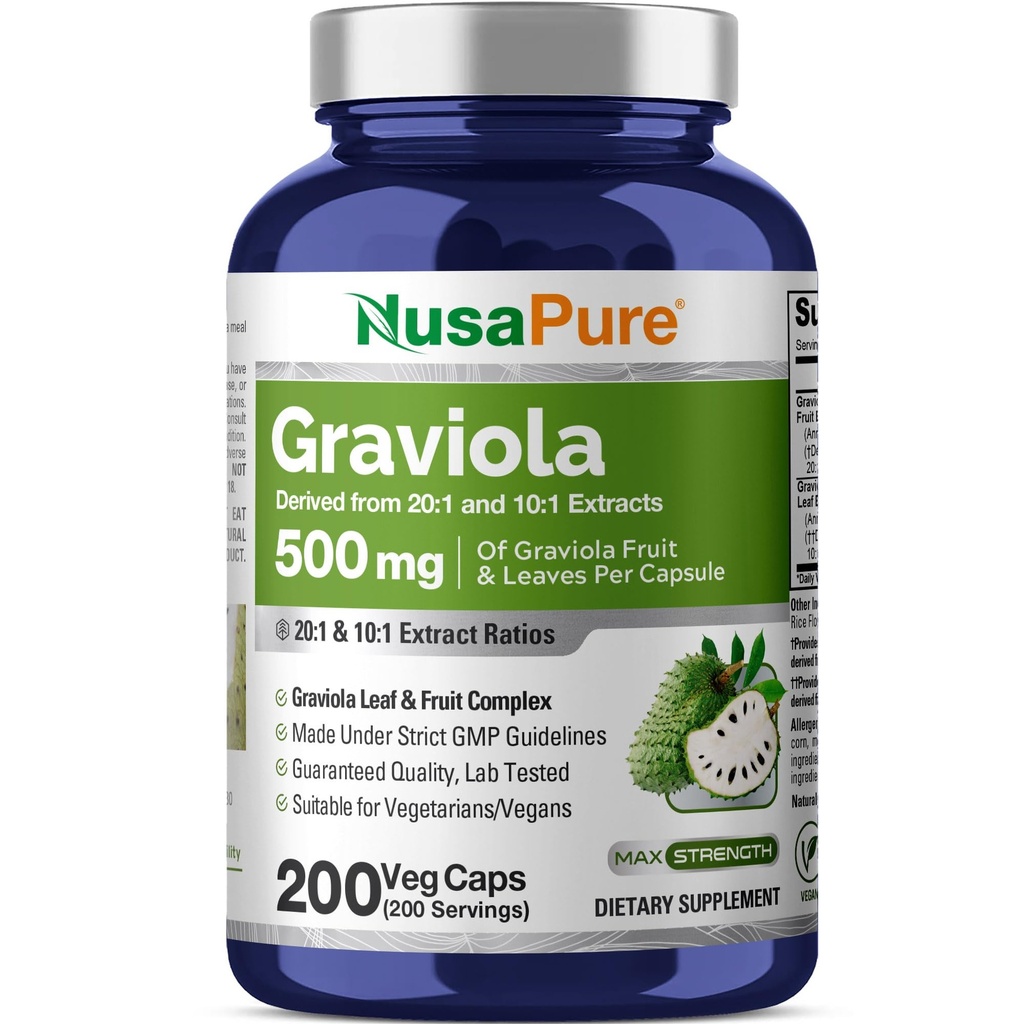 NusaPure Graviola 20:1 > 10:1 Extracto, 250 mg Equivalente a 7.500 mg por caps 200 Veggie (Vegan, No GMO)