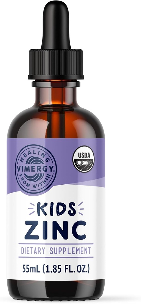 Vimergy Kids Organic Liquid Zinc Sulfate – For Children ' Adolescence 1-18 Years Old, Fast-Absorbing Immune Support* – Promotes Healthy Bones, Hair & Skin. USDA Organic, Kosher, Vegan, Non-GMO – 55 mL