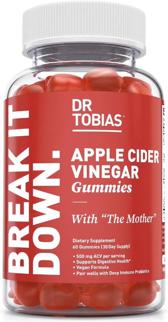 Dr. Tobias Manzana Vinagre Gummies con la Madre, 500 mg ACV por Serving, Plus Folate, B6, B12 &amp; Iodine, apoya la salud digestiva, Gut Cleanse & Detox, Vegan, 60 Gummies