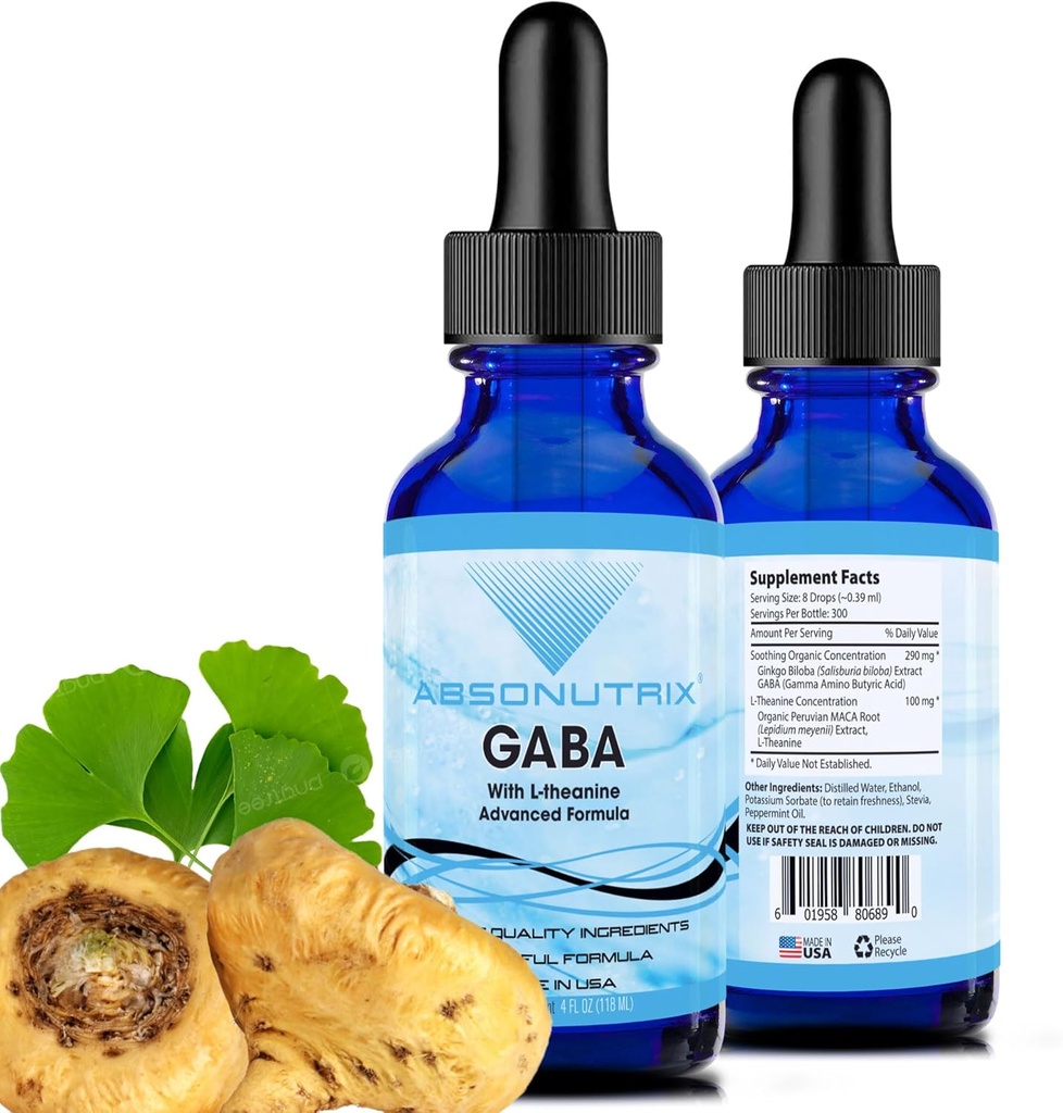 Absonutrix GABA con L-Theanine 290 mg, 4 Oz Liquid, 300 Servings, Made in USA, Quick Absorption, Quality Potent Ingredients, Non-GMO, GMP Centro certificado, Productos sin crueldad