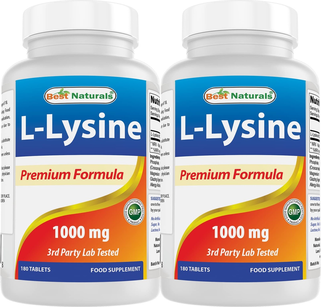 Mejores Naturales L-Lysine 1000mg 180 Tabletas (180 Cuenta (Pack of 1)) (2 Botellas)