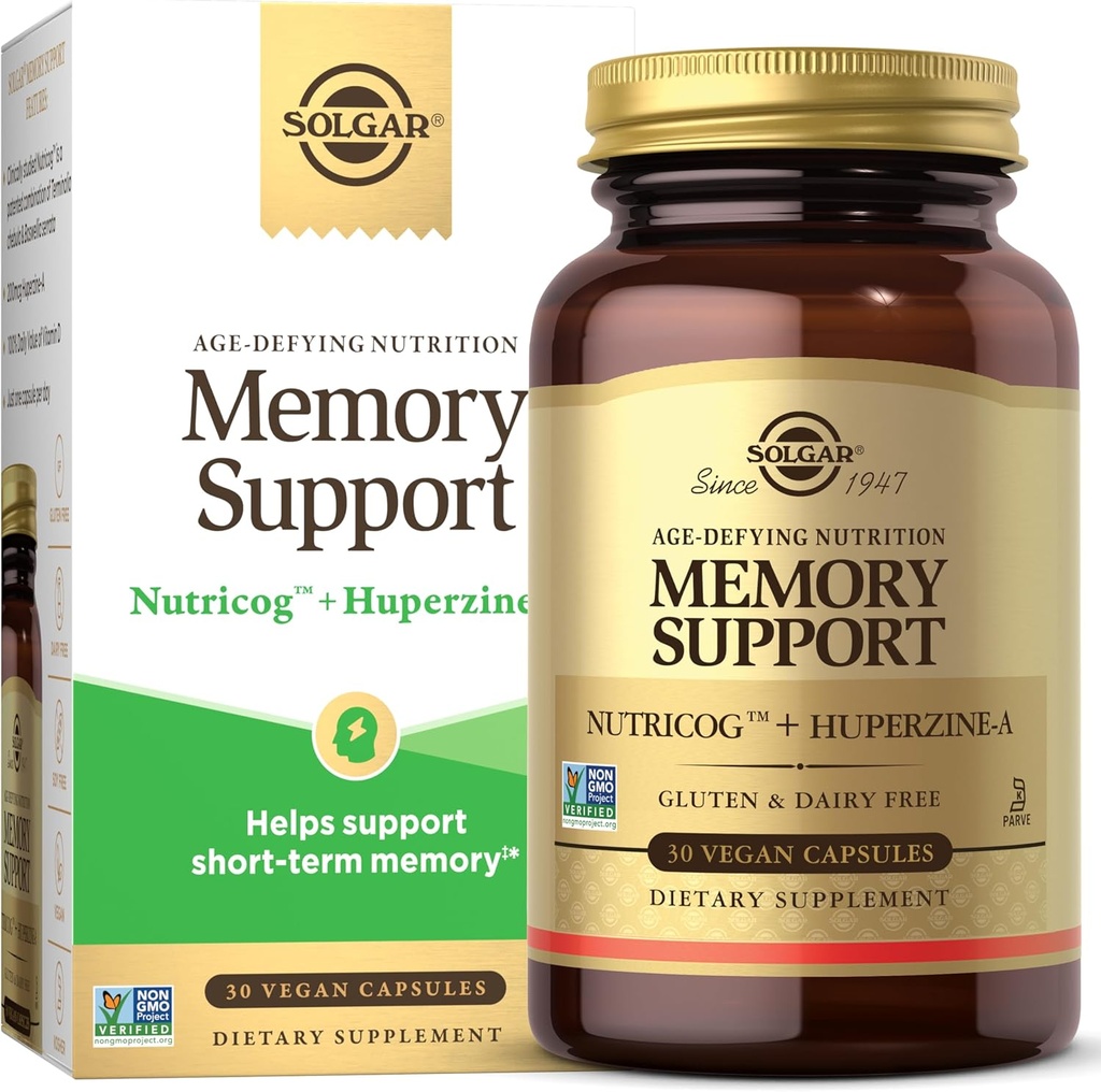 Solgar Memory Support Brain Dietary Supplement for Memory and Focus, Clinically Studied Nutricog, Vitamina D &amp; Huperzine-A, Nootropic Brain Health Supplement, Healthy Aging Support, 30 Servings