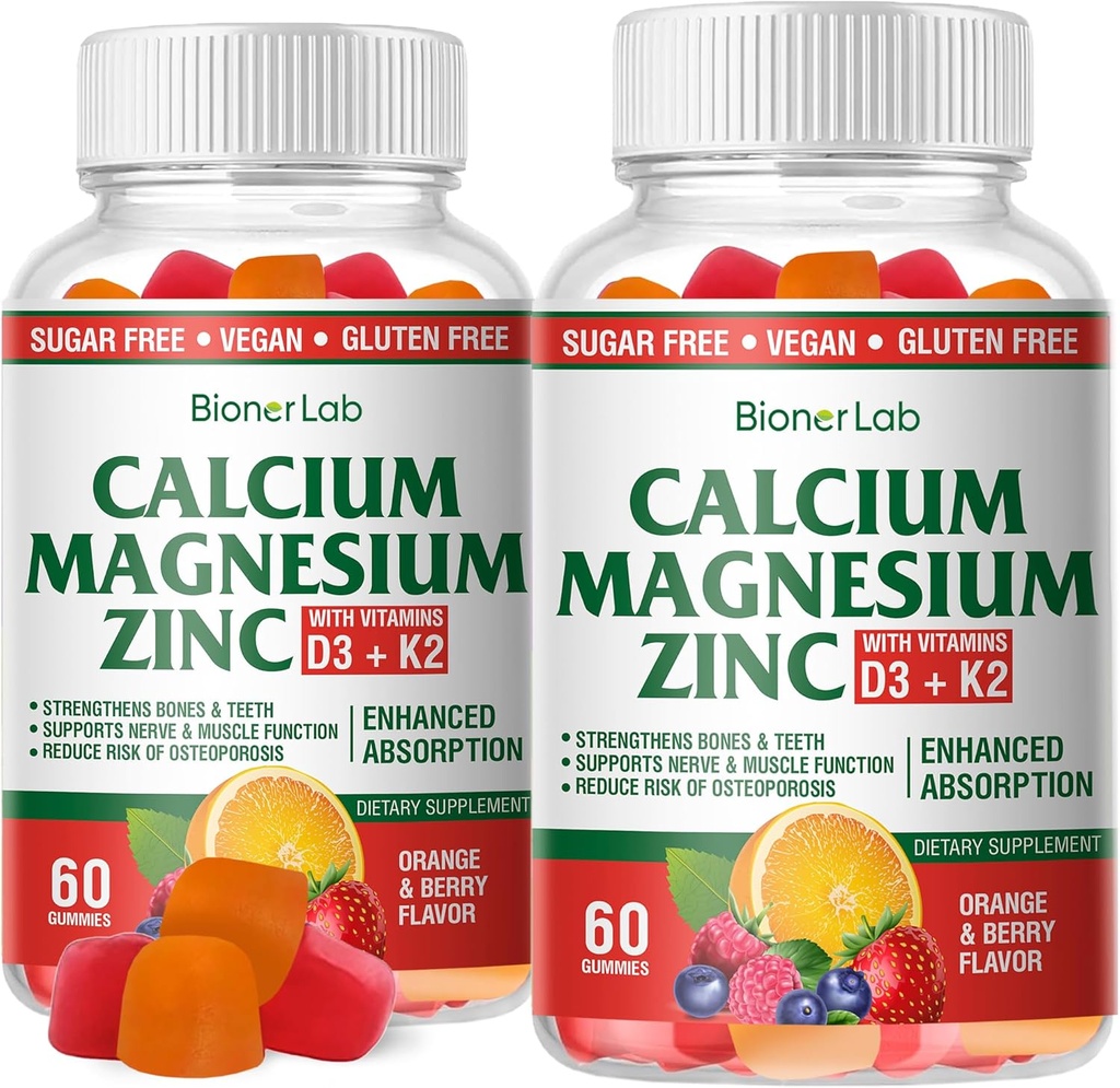BionerLab Calcium Magnesium Zinc Gummies with Vitamin D3 & K2 - Absorción mejorada de alta potencia - Orange y Berry Flavored