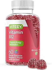 Viteey Vitamina B12 Gummies - Soporte Cognitivo y Energía Gummies - Vegan, Gelatin Gratis, Gluten Gratis - 60 Conde