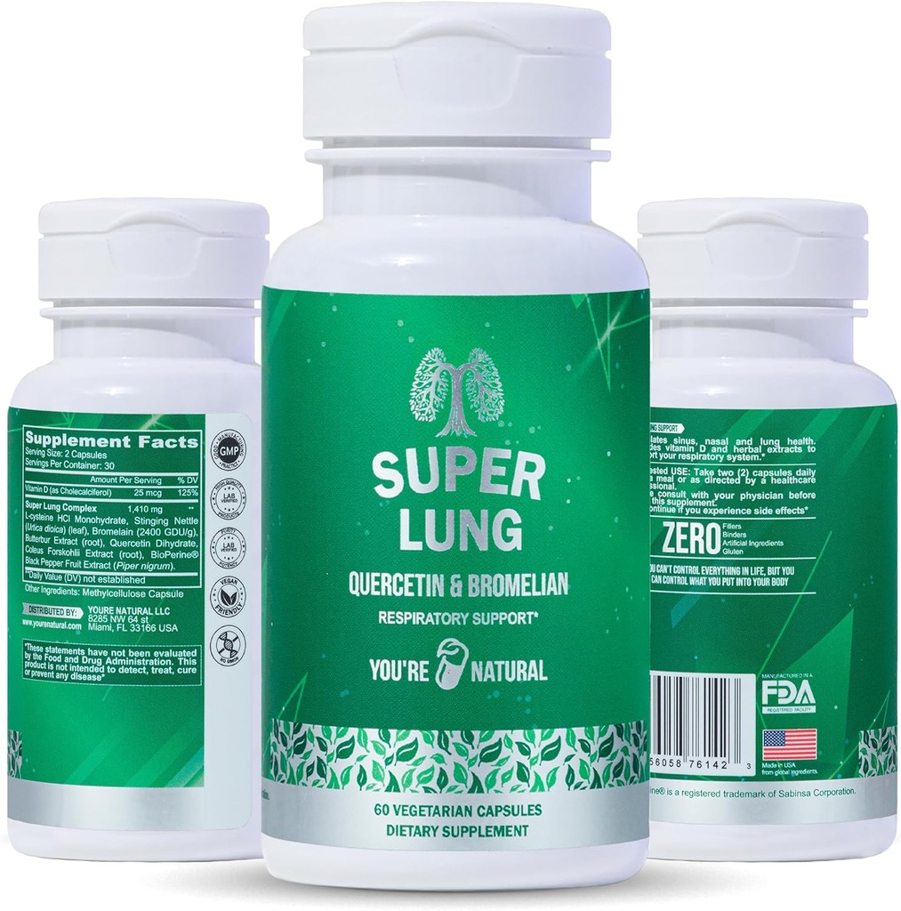 You'RE NATURAL Lung Support Suplemento " Respiratory Health, Promote Nasal, Chest " Bronchial Health, Support Immune System, Open and Clear Airways - Quercetin, Bromelain, Vitamina D - 30 Days Supply