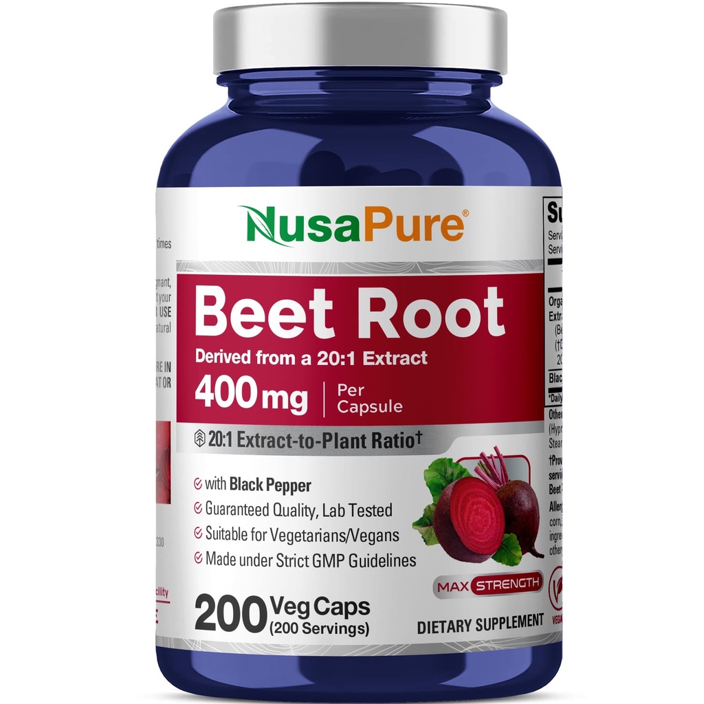 NusaPure Bota de remolacha orgánica 20:1 Extracto, 400 mg Equivalente a 8.000 mg - Pepper negro 4:1 Extracto, 10 mg - 200 gorros vegetales (Vegan, no GMO)