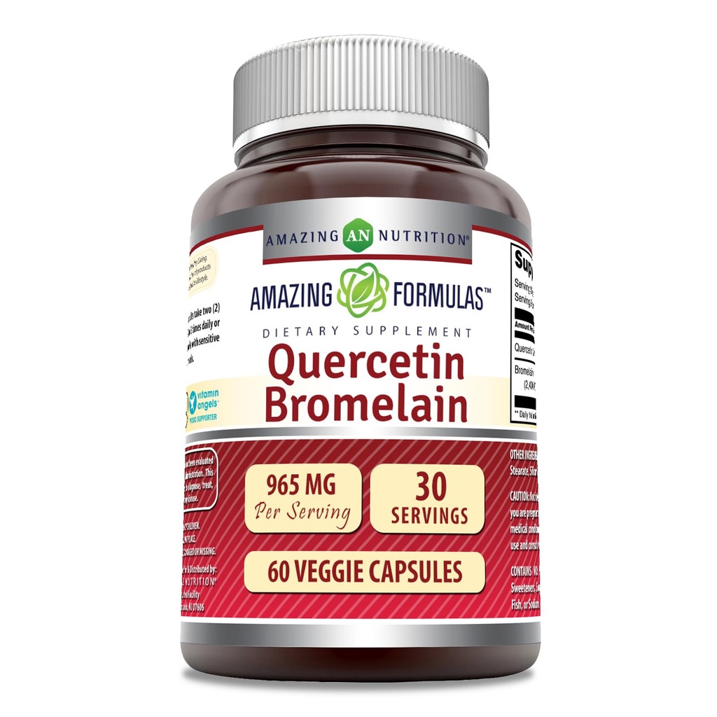 Amazing Nutrition Quercetin 800 Mg with Bromelain 165 Mg Veggie Capsules Supplement | Non-GMO | Gluten Free | Made in USA | Suitable for Vegetarians (60)