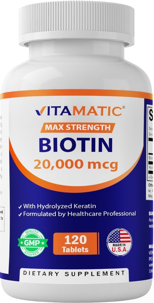 Vitamatic High Potency Biotin 20000 mcg (20mg) con Keratin 100mg - 120 Tabletas Vegetarianas - Suplementos de Biotina para la piel del cabello saludable &amp; uñas para adultos (120 Cuenta (Pack de 1))