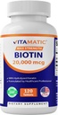 Vitamatic High Potency Biotin 20000 mcg (20mg) con Keratin 100mg - 120 Tabletas Vegetarianas - Suplementos de Biotina para la piel del cabello saludable &amp; uñas para adultos (120 Cuenta (Pack de 1))
