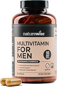 NatureWise Multivitamin for Men - Daily Male Support - Minerals " Herbs for Energy, Performance, Immunity - with Vitamin A, C, D, B-Complex - Soy " Gluten-Free, Non-GMO - 180 Capsules[3-Month Supply]