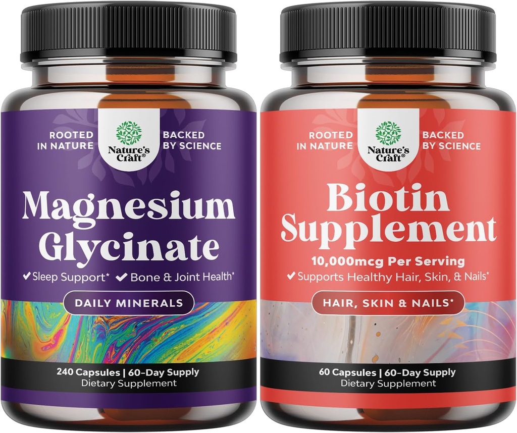 Bundle of Pure Magnesium Glycinate 400mg Por Serving for Mood Sleep and Relaxation 240ct and Pure Biotin Pills for Women Men - Stop Hair Loss Thinning Natural Supplement