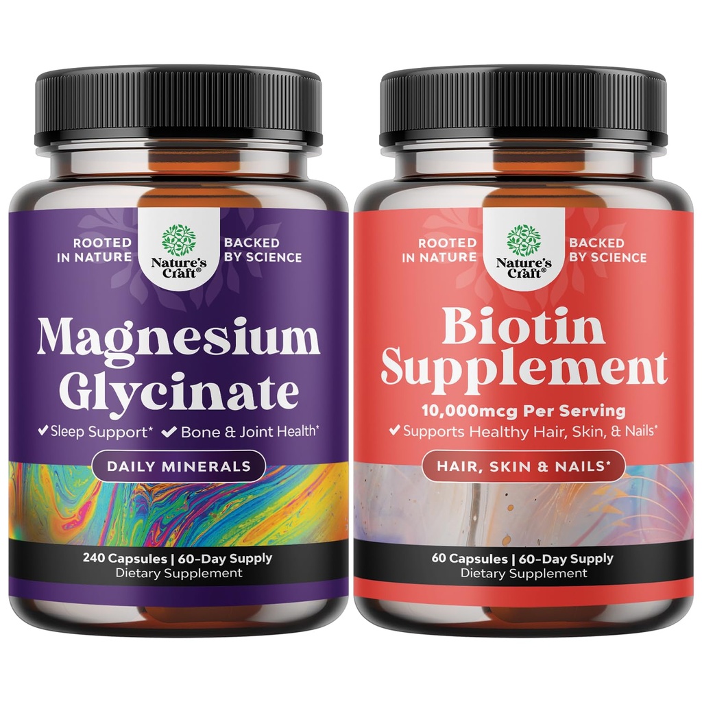 Bundle of Pure Magnesium Glycinate 400mg Por Serving for Mood Sleep and Relaxation 240ct and Pure Biotin Pills for Women Men - Stop Hair Loss Thinning Natural Supplement
