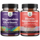 Bundle of Pure Magnesium Glycinate Supplement 400mg Per Serving for Mood Sleep & Relaxation Support and 10000 mcg Pure Biotin Pills - Promotes Thicker & Fuller Hair - Get Clear Skin Strong Nails