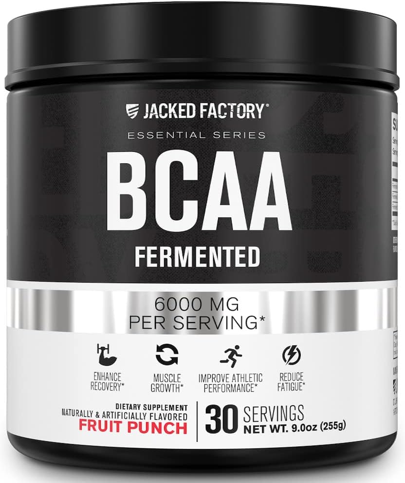 Fábrica Jacked BCAA Powder (Fermented) - 6g Cadena ramificada Suplemento Aminoácidos esenciales para la recuperación muscular mejorada, fatiga reducida, aumento de fuerza, crecimiento muscular - 30 servidumbres, fruta Punch
