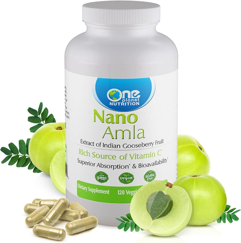 One Planet Nutrition Nano Amla 500 mg Veggie Capsules (120 Servings), Amla Fruit Extract, High in Vitamin C for Collagen Production &amp; Immune Support, Non-GMO, Vegan, Gluten-Free