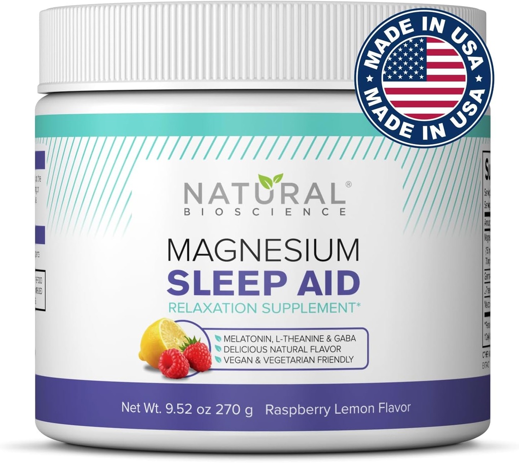 Magnesium Sleep Night Time Powder - Magnesium Citrate, Magnesium Glycinate with Melatonin, L-Theanine y GABA Sleep Aid, Natural Sleep Supplement, Vegan, Gluten-Free, Raspberry Lemon Flavor