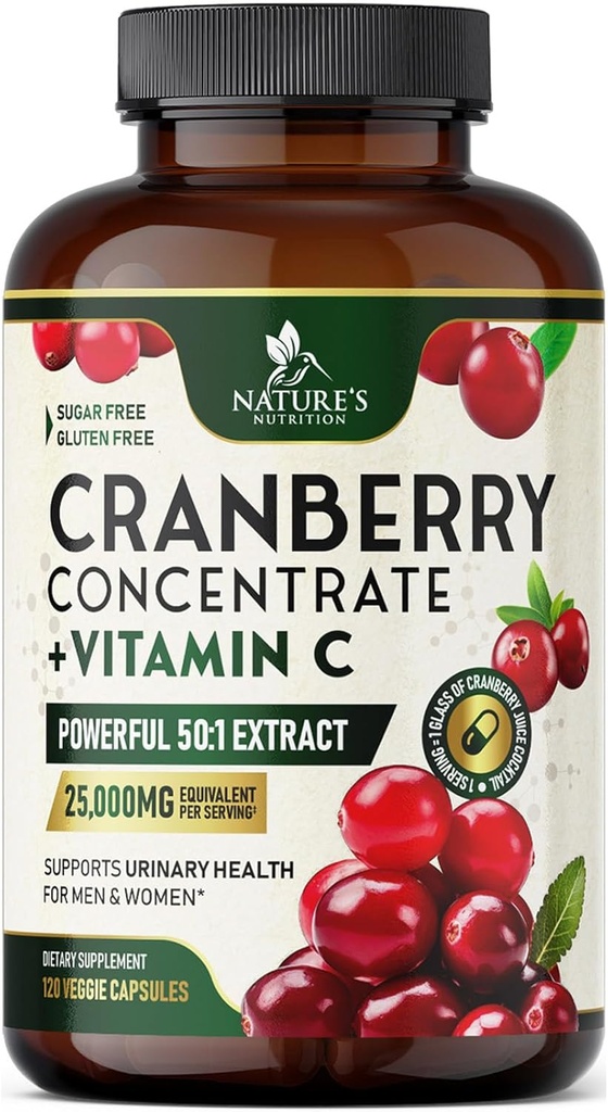 Pastillas de suplemento de arándano 25.000 mg - Alta Potencia Vitamina C Arándano para Hombres y Mujeres, Urinary Tract Health Support, Sugar Free, Gluten Free, Non-GMO, Cranberry Concentrate Extract - 120 cápsulas
