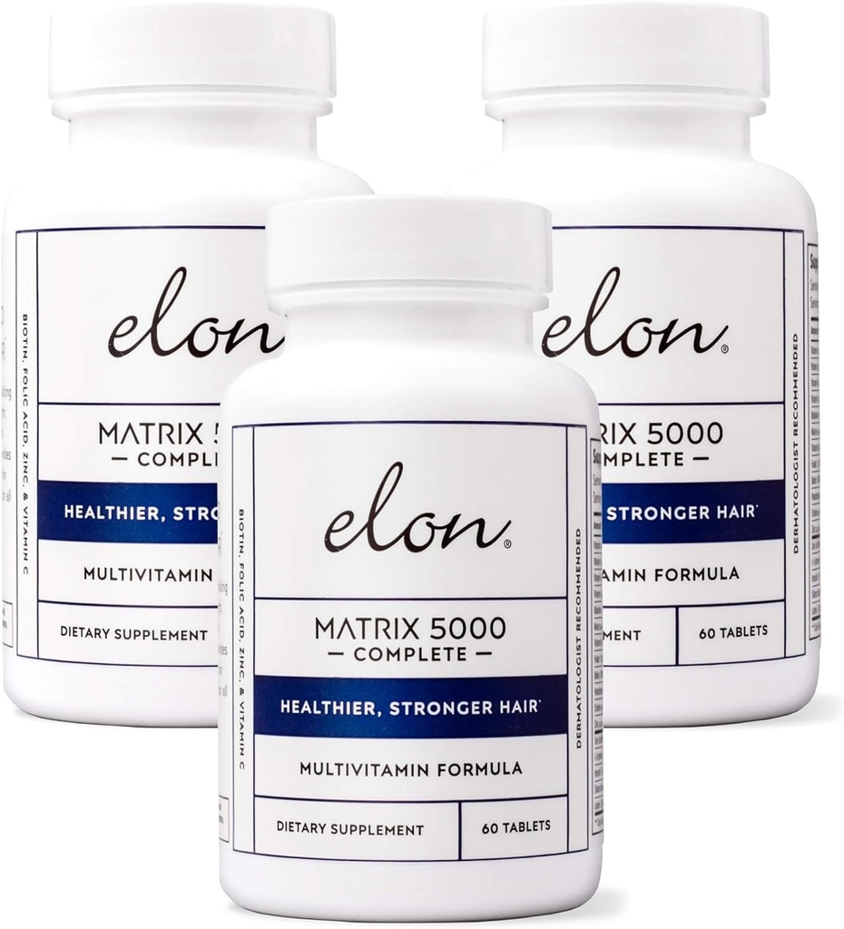 Matriz de Elon 5000 Multivitamina completa — Vitaminas de crecimiento de la piel, el cabello y la uñas — Vitaminas de crecimiento del cabello saludable para hombres de mujeres — 5000Mcg Suplemento de biotina, paquete de 3 (180 Fuente de día)