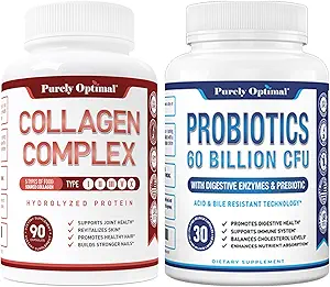 Purely Optimal Premium Multi Collagen Peptides Capsules (Types I, II, III, V, X) + Premium Probiotics 60 Billion CFU with Organic Prebiotics & Digestive Enzymes