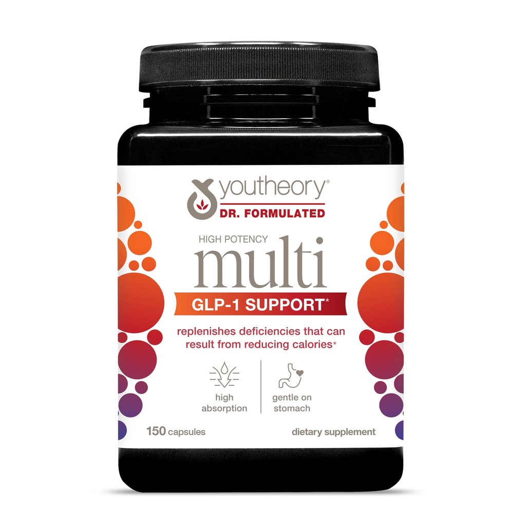 Youtheory High Potency Multi GLP-1 Support - High Absorption Multivitamins - para Immune Support &amp; Bone Health - Gentle on Stomach - Vitamina D, C, Iron &amp; Más - 150 cápsulas vegetarianas