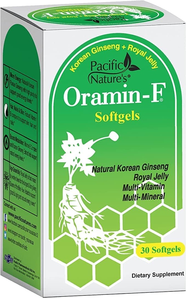 Oramin F de Pacific Nature (30 Softgels) con Ginseng coreano, Royal Jelly, Complejo de vitamina B y Zinc for Energy, Immunity, " Nutritional Support