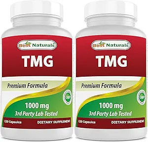 Mejores Naturales TMG Trimetilglicina (como Betaine Anhydrous) 1000 mg Servir - 120 cápsulas - Niveles de Homocisteína Saludable y Soporte de Metilación (120 Cuenta (Pack de 2))