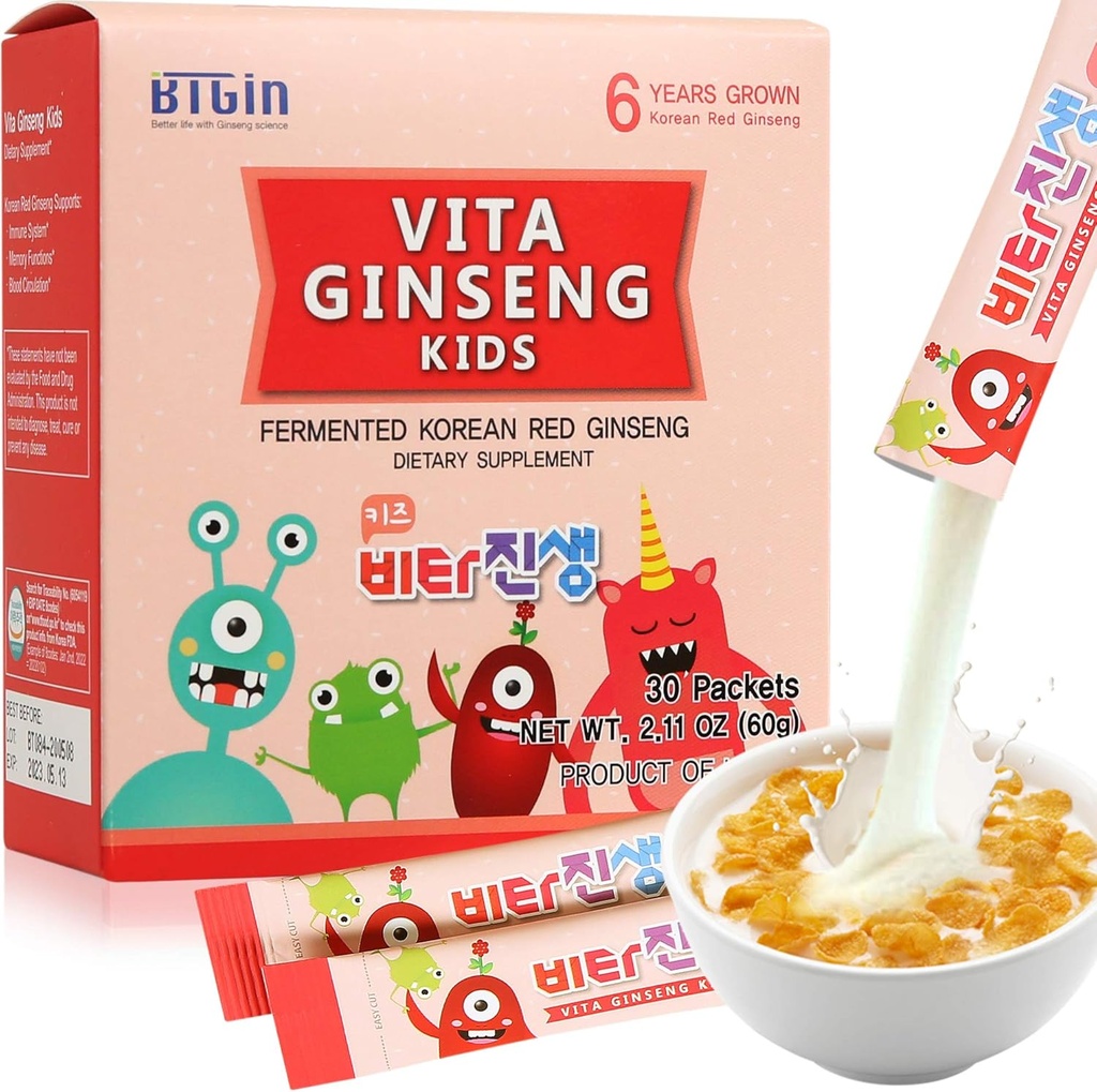 Vita Ginseng Kids, Vitamina D, Zinc, 7 Berries, Banana, 20 Vegetables, Milk Powder para Immune Support, Focus and Memory Boost, 30 Packets (1Set)