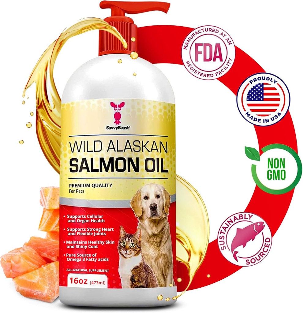 SavvyBeast Wild Alaskan Salmon Oil for Dogs, Cats & Ferrets – Omega-3 Fish Oil Pet Supplement with EPA & DHA – Supports Skin, Coat, Joints, Heart, Brain, Itch Relief & Immune – Unscented – 16 oz