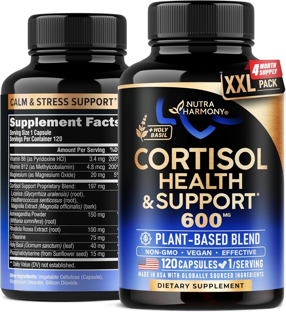Cortisol Supplement for Women - Holy Basil | Ashwagandha | Rhodiola | L-Theanine - Plant-Based Hormone Balance - Mood, Focus & Sleep Support - Made in USA - Vegan, Non-GMO - 120 Capsules for 4 Months