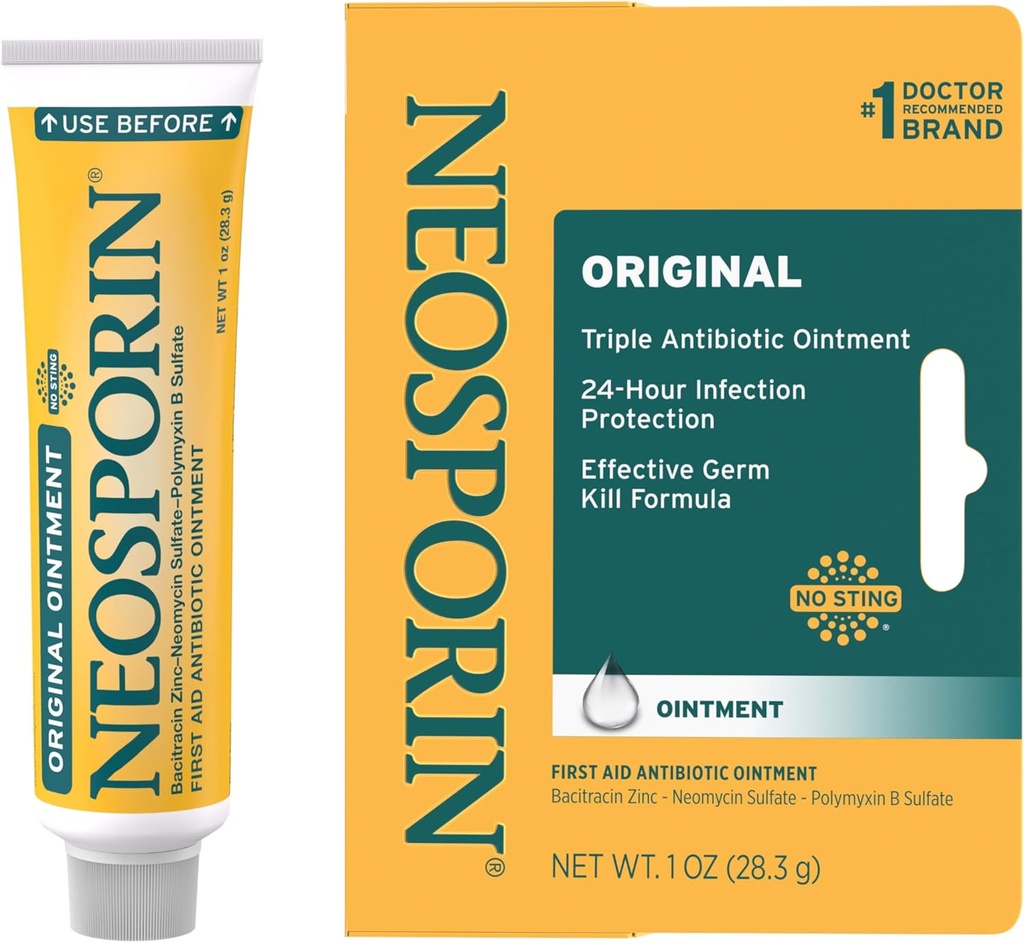 Neosporin Original First Aid Triple Antibiotic Ointment, Bacitracin Zinc &amp; Neomycin Sulfate Infection Protection, Wound Care Treatment " Scar Appearance Minimizer for Minor Cuts, Scrapes & Burns, 1 oz