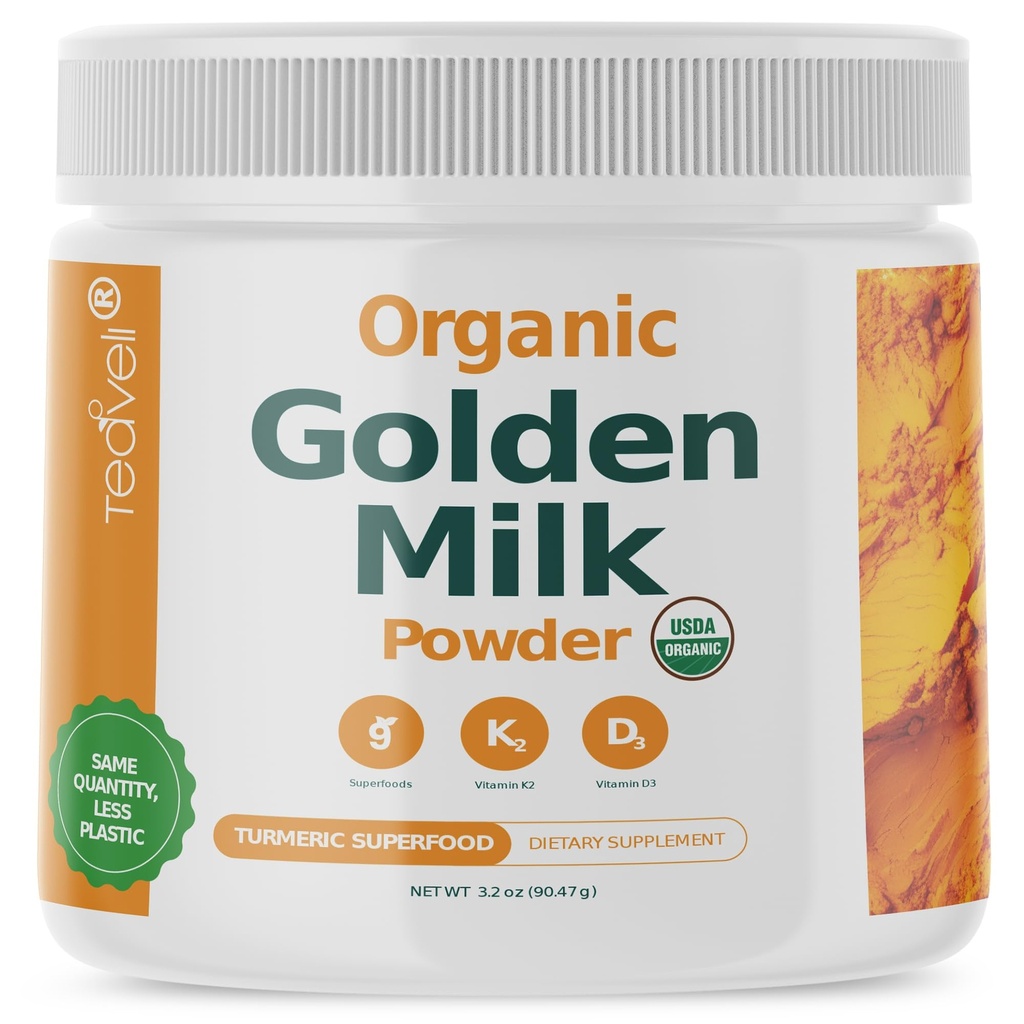 Polvo de leche de oro orgánico con vitaminas D3 " K2, Turmérico, Ginger, Curcumin, Cinnamon, KSM66 Ashwagandha, Basil Santo " Prebióticos Naturales – Delicious Turmeric Unsweetened Tea Latte- 30 Servings