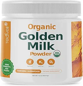 Polvo de leche de oro orgánico con vitaminas D3 " K2, Turmérico, Ginger, Curcumin, Cinnamon, KSM66 Ashwagandha, Basil Santo " Prebióticos Naturales – Delicious Turmeric Unsweetened Tea Latte- 30 Servings