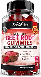 Gummies de remolacha libre de azúcar - Gummies de óxido nítrico Infundidos con aceite de coco para la absorción más alta - apoya la energía &amp; la salud corporal entera - sabor de fresa deliciosa - 60 cuenta (30 fuente de día)