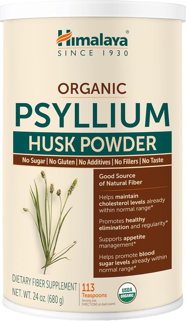 Himalaya Orgánica Psyllium Husk Powder, Suplemento diario de fibra dietética, regularidad, administración de la competencia, orgánica certificada, no transgénico, no artificiales colores, desarmado, 113 Teaspoon Supply, 24 Oz
