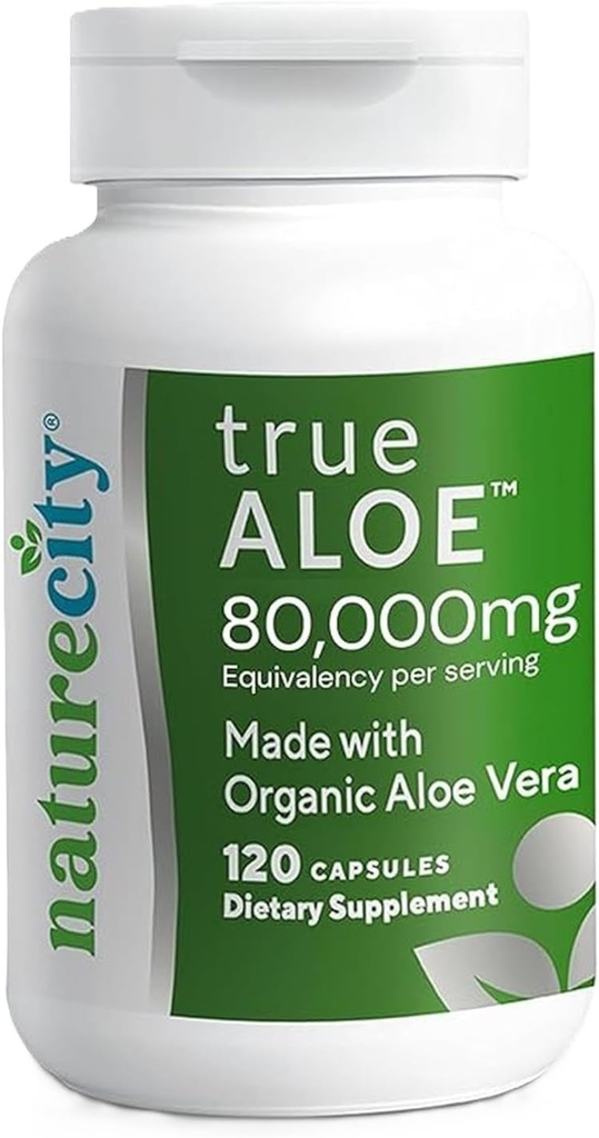 NatureCity True-Aloe Gut Health Support – 80,000mg Aloe Vera Gel Equivalent Por Serving – Organic Aloe Vera (120 capsules) para Digestive, Skin & Joint Support TEN Small Easy-to-Swallow Pills