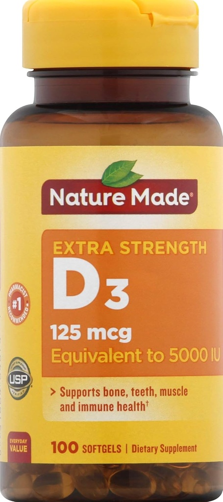 Nature Made Vitamina D3 Suplemento dietético Softgels, 5000 UI, 100 Cuenta