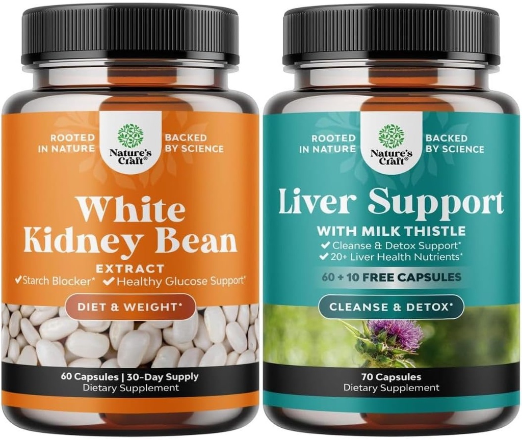 Bundle of Natural White Kidney Bean Extract - Digestive Health Dietary Fiber and Workout Supplement and Liver Cleanse and Detox " Repair Formula - Herbal Liver Support Supplement with Milk Thistle