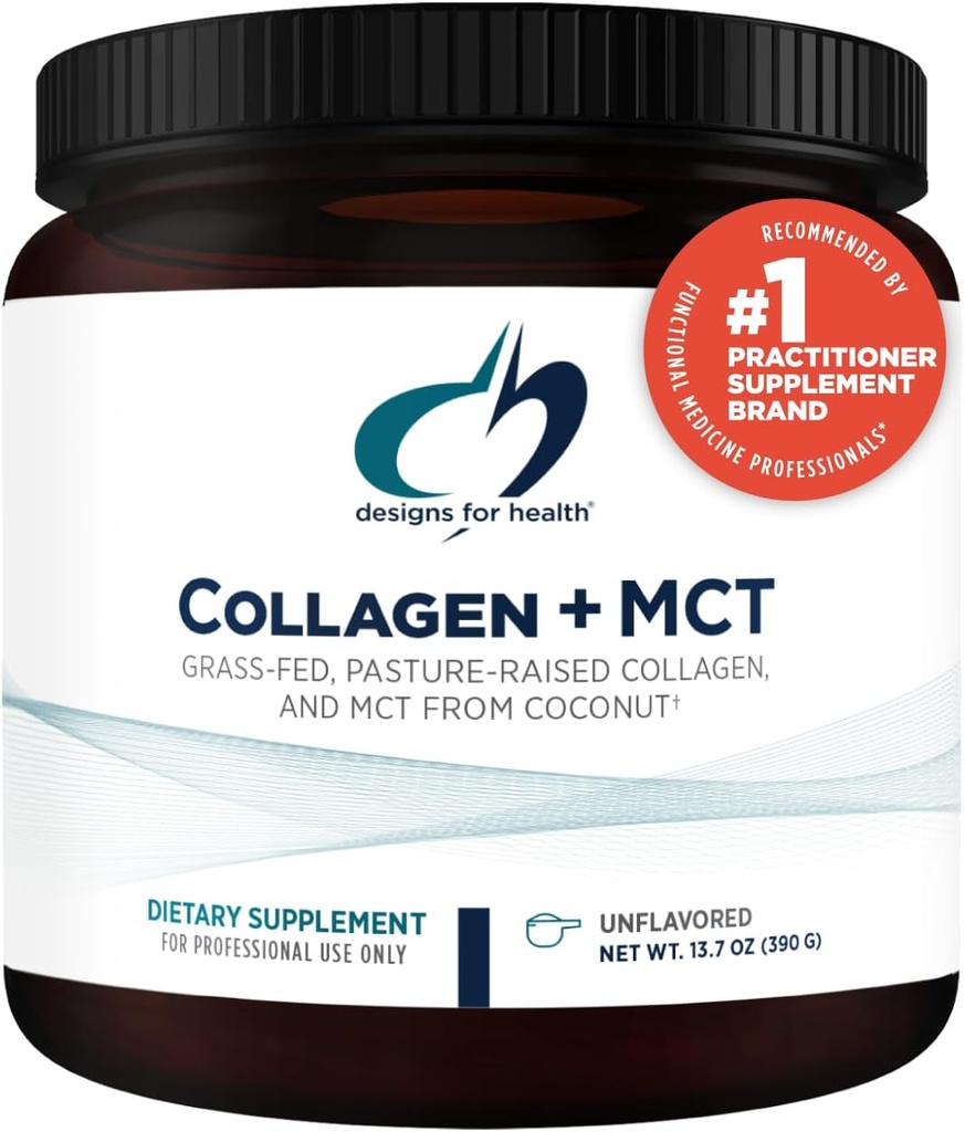 Diseños para Collagen de Salud + MCT, Desflavored - Hidrolyzed Grass-Fed Collagen Peptides with MCT Oil Powder to Promote Mental Focus, Sustained Energy, Skin & Gut Health (30 Servings)