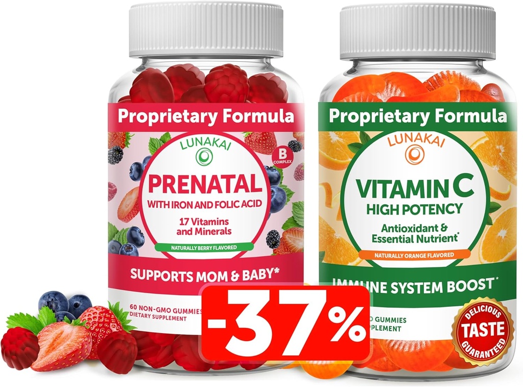 Lunakai Prenatal and Vitamin C Gummies Bundle - Suplemento Multivitamínico de Embarazo con Ácido Fólico y Hierro - 300 mg Orgánica, No OGM, Gummy Vegan Chewable - 30 días de suministro