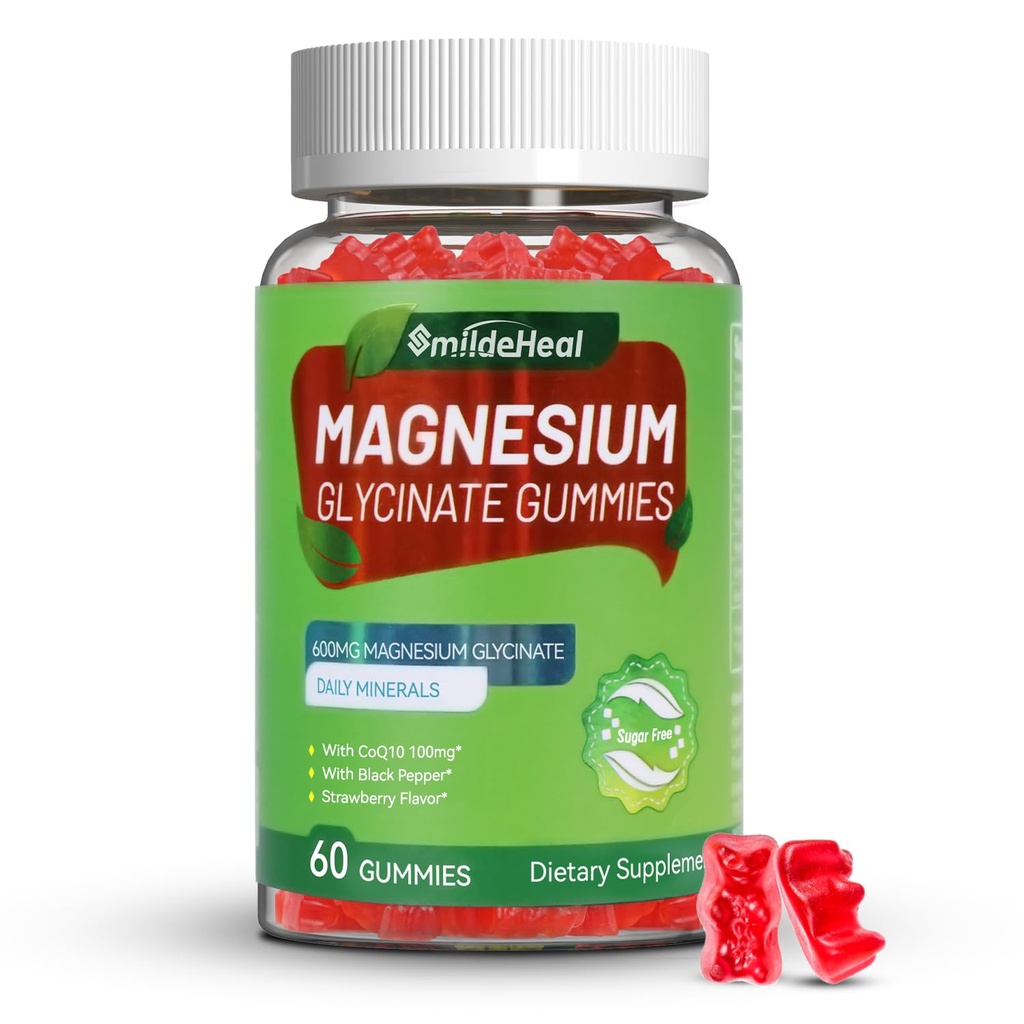 Magnesium Glycinate Gummies 600mg for Women & Men, with Magnesium L-Threonate 300mg, CoQ10 and Black Pepper, Vegan (60 Count)